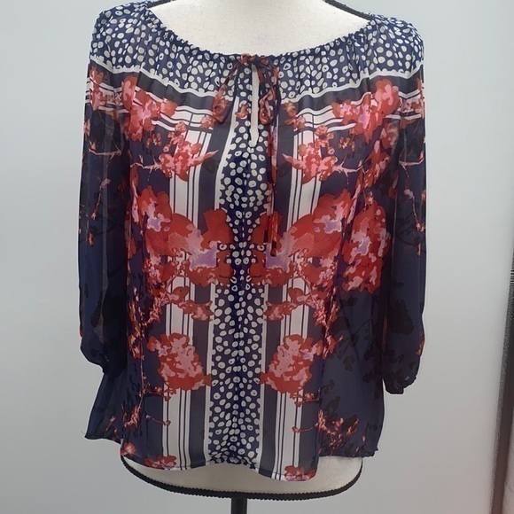 UEC Guess blue & red printed peasant blouse 2/3 sleeves small - Picture 1 of 8
